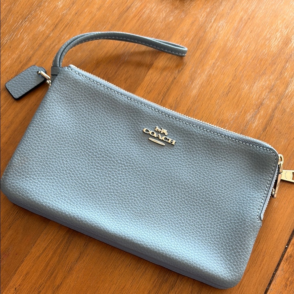 Coach Blue Pebbled Leather Wristlet with Gold Hardware